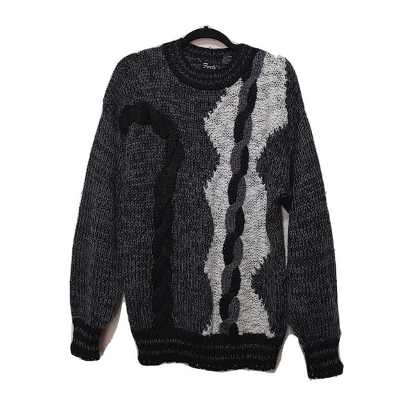 Forte Men's Vintage Chunky Knit Sweater Size Medium Black Grey Cream A02 - Picture 1 of 11